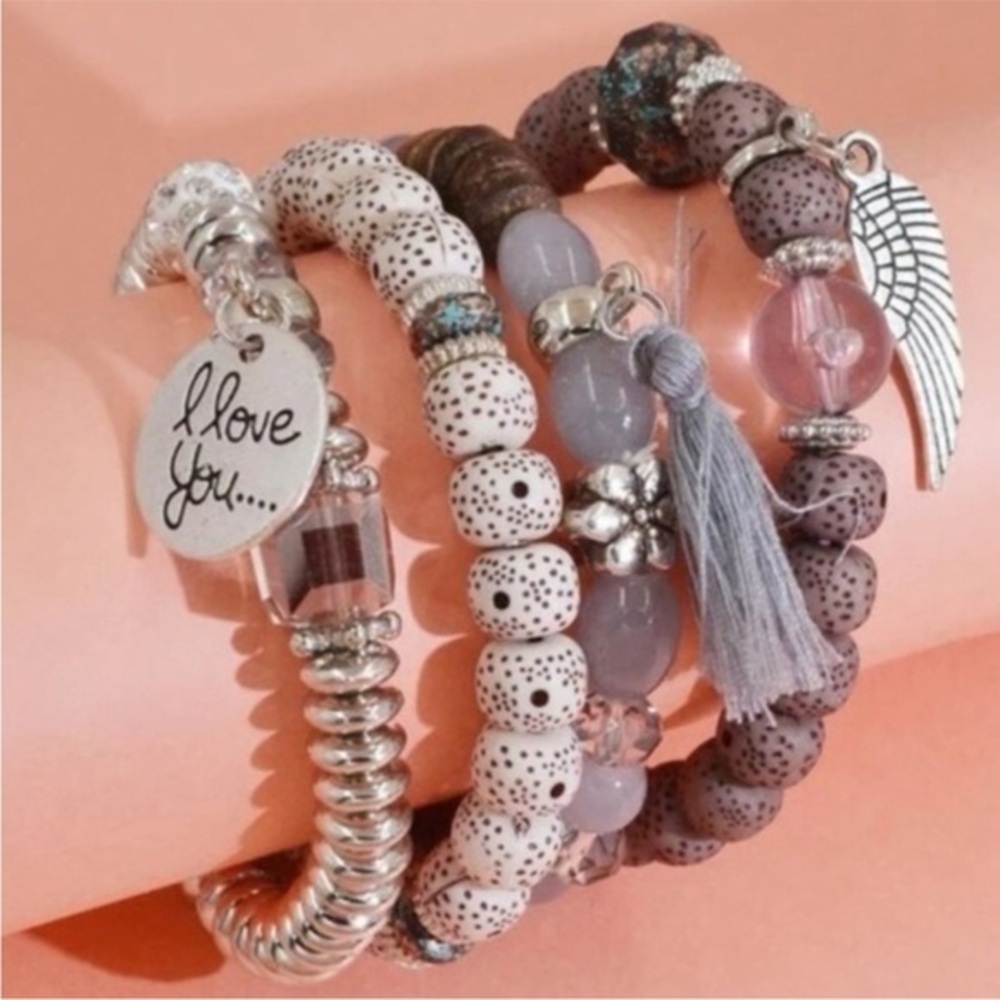I LOVE YOU Boho Beaded Stacked Bracelets with Charms BRAND NEW